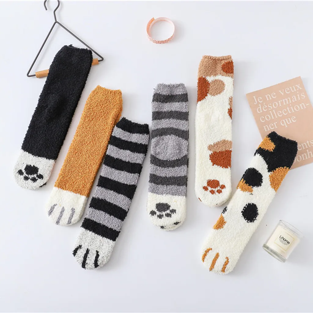 

5 Pair Women Socks носки женские Fashion Lovely Cat Claw Coral Thickening Fuzzy Middle stockings Socks Women chaussettes femmes